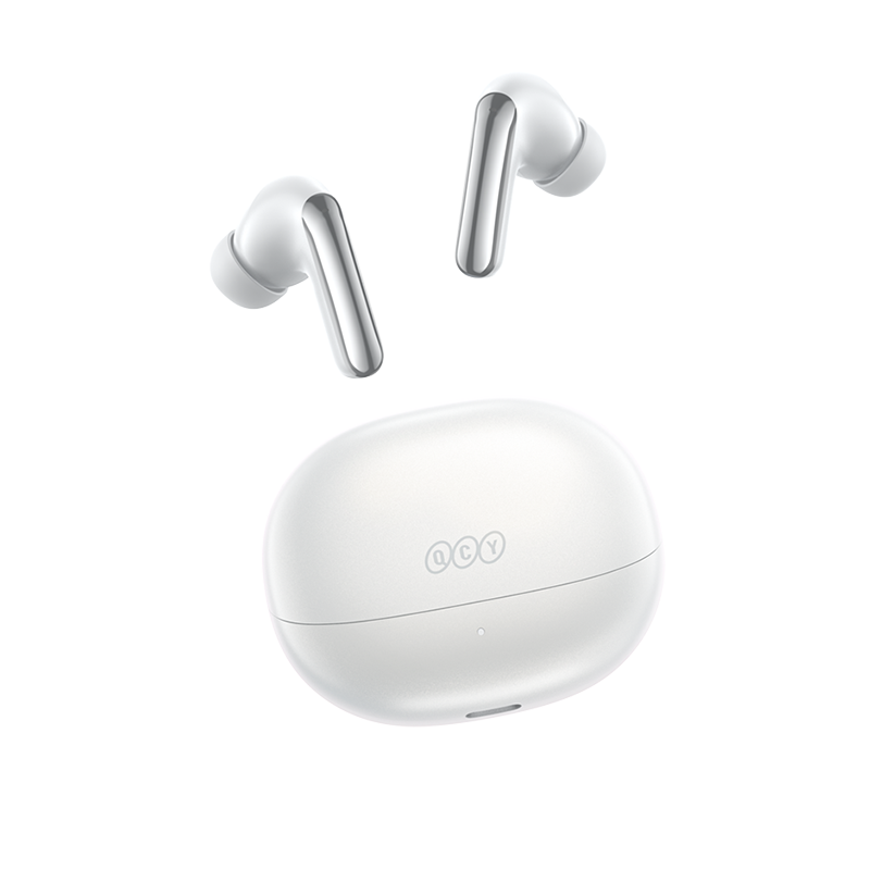 Fone de ouvido QCY MeloBuds N20 branco, com estojo carregável e design moderno.