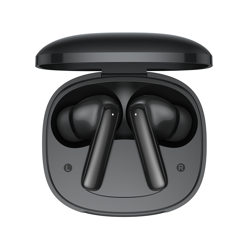 Fone de ouvido QCY T13 Pro sem fio, com carregador portátil e design compacto.