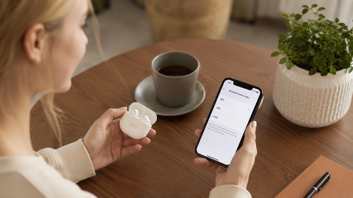 Mulher configura codecs Bluetooth (SBC, AAC, LDAC) no app do celular com fones QCY abertos. Mesa com café e planta ao fundo.
