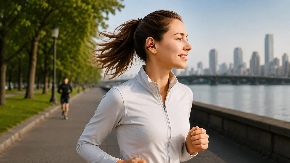 Mulher correndo ao ar livre com fones open-ear vermelhos, ideais para esportes e atividades externas.