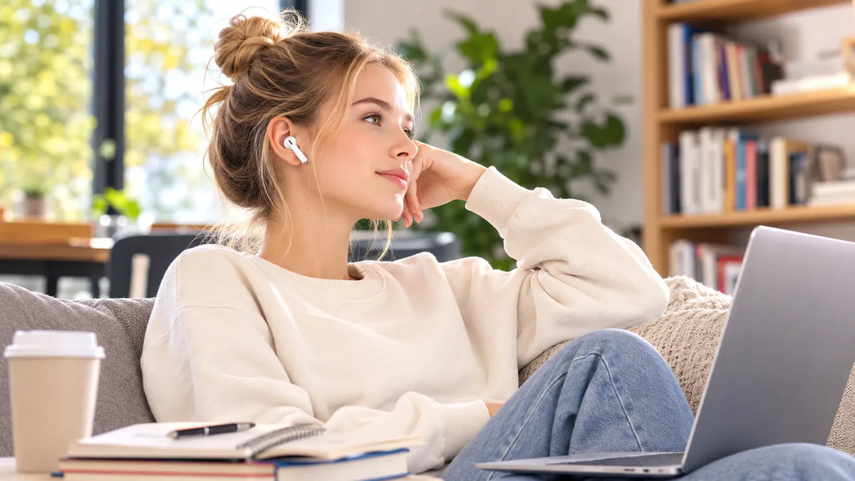 Mulher relaxando no sofá com fones QCY, trabalhando no laptop. Conforto e estilo para seu dia a dia.