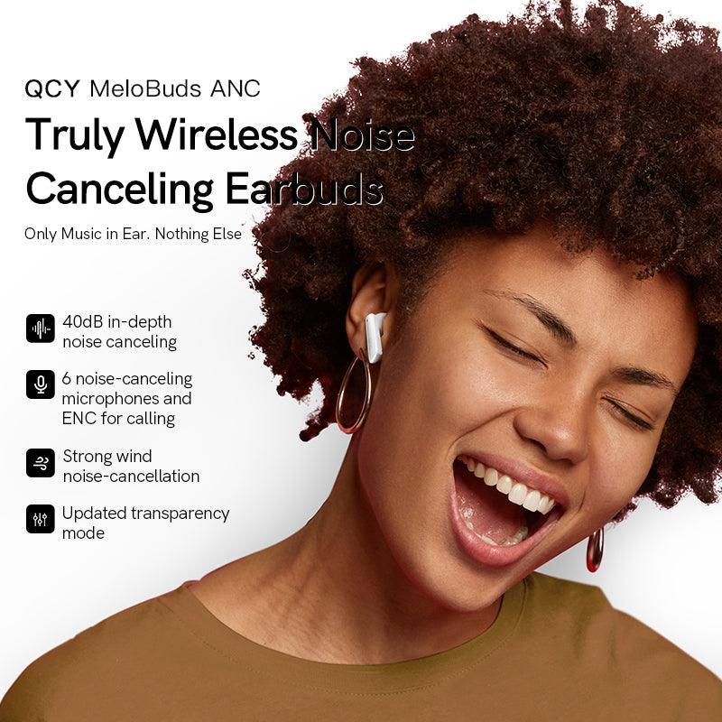 Black QCY MeloBuds ANC earbuds with 40dB noise canceling, 6 microphones, wind noise reduction, and updated transparency mode.