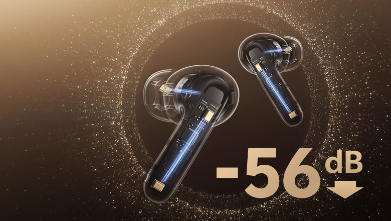 Fones de ouvido com cancelamento de ruído de até -56 dB, design elegante e tecnologia avançada para áudio imersivo.