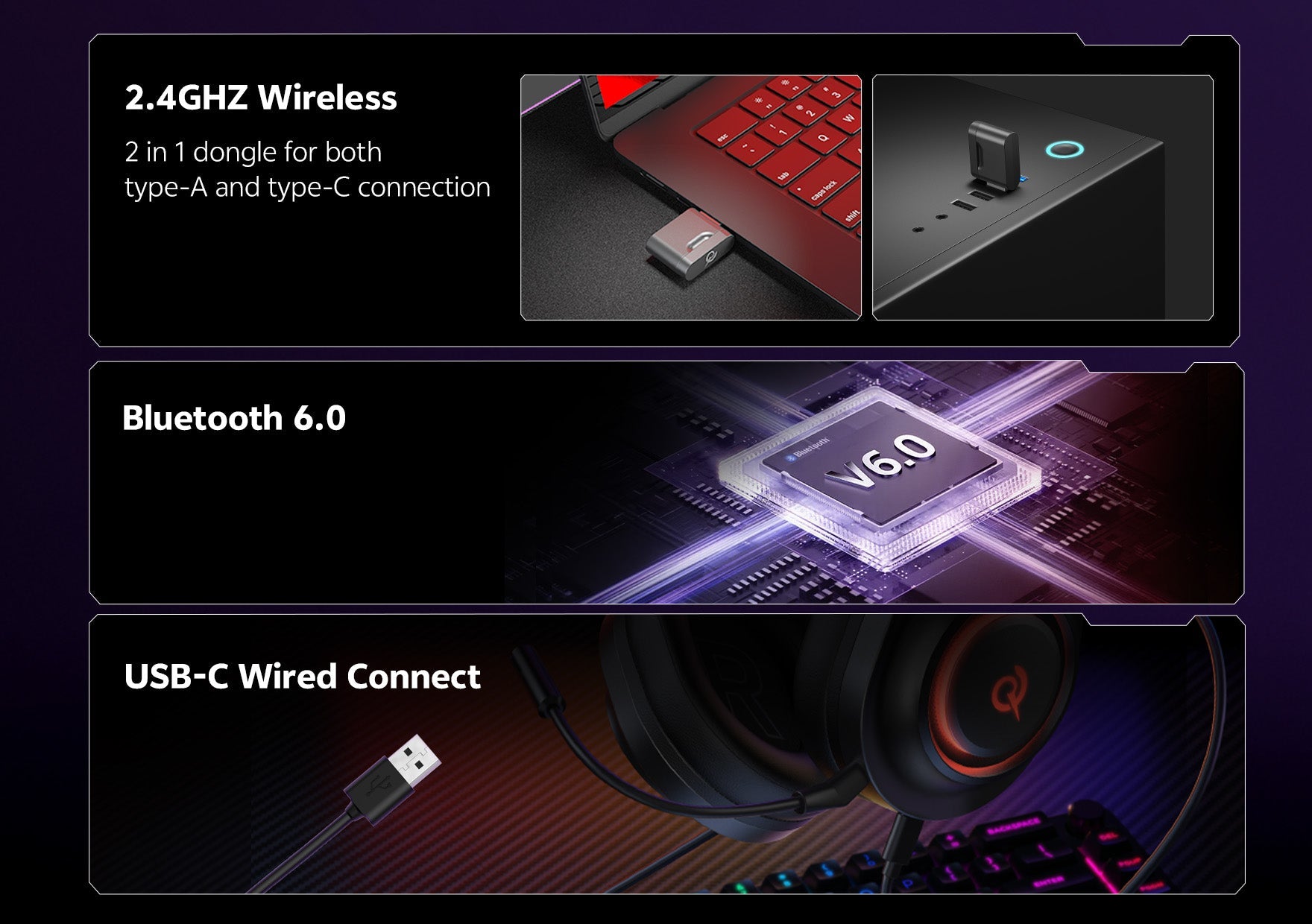 Headset gamer com conexão sem fio 2.4GHz, Bluetooth 6.0 e USB-C. Compatível com PC, console e mobile.