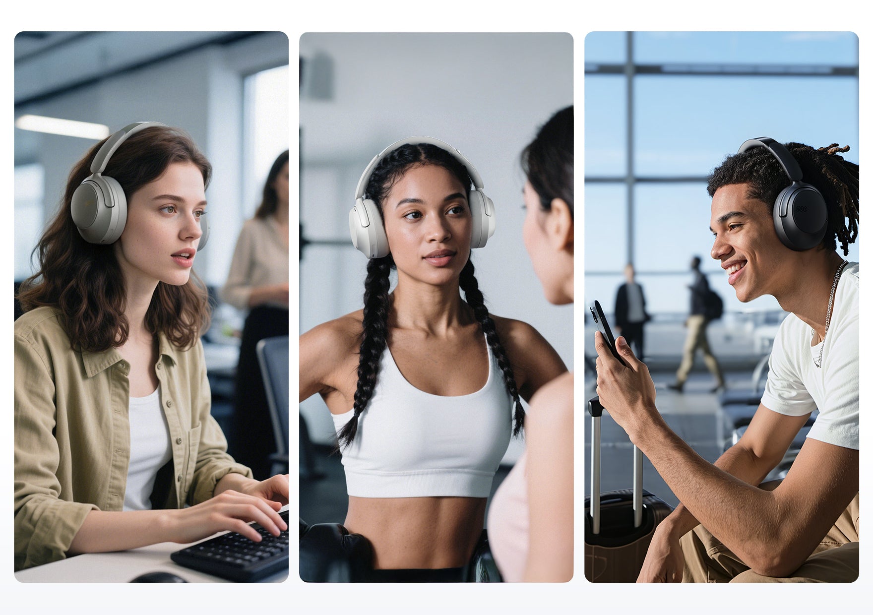 Fones de ouvido sem fio com cancelamento de ruído, perfeitos para trabalho, exercícios e viagens. Design moderno e confortáve