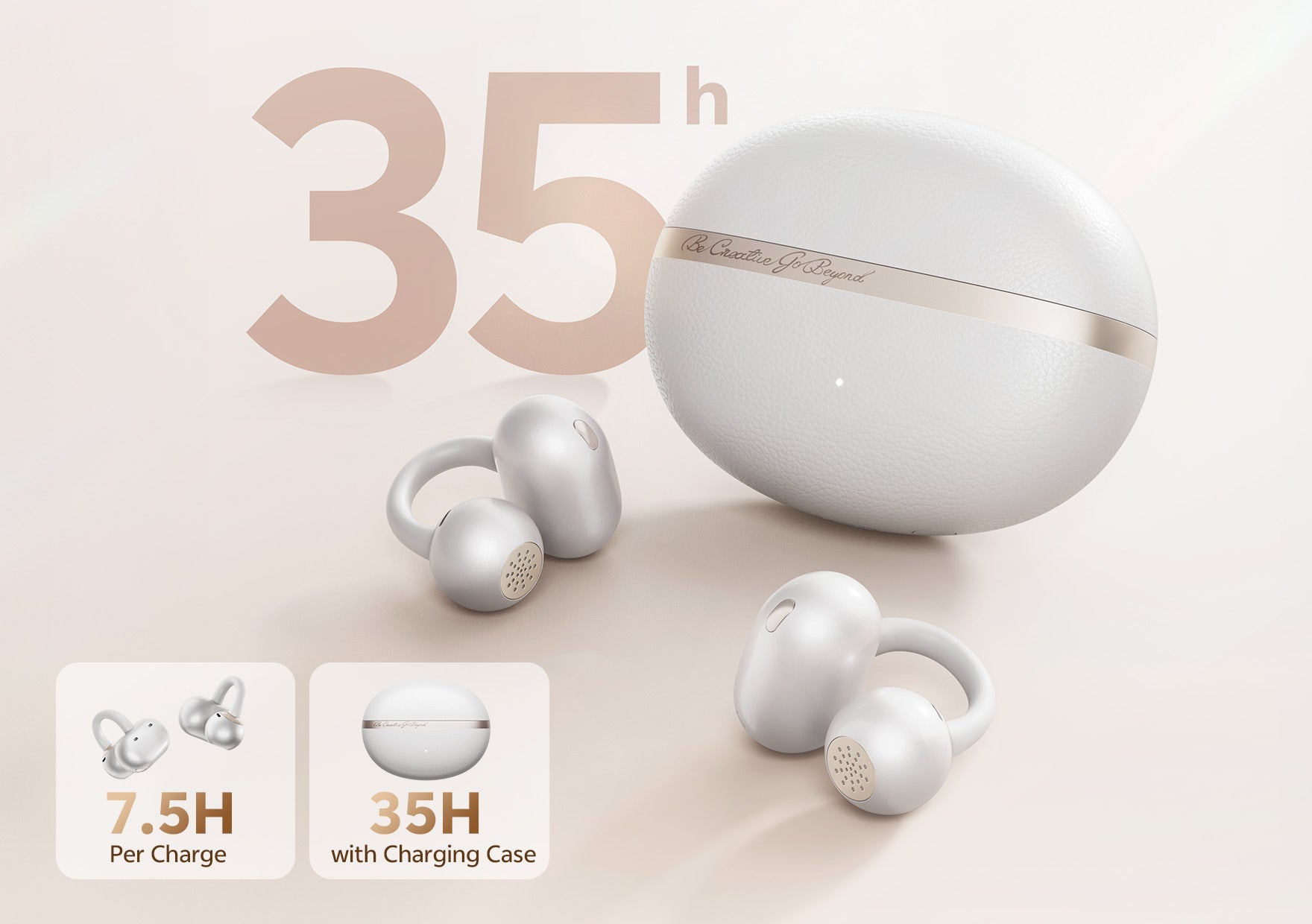 Fones de ouvido sem fio brancos com case de carregamento, oferecendo 7,5h por carga e 35h totais. Design ergonômico e elegant