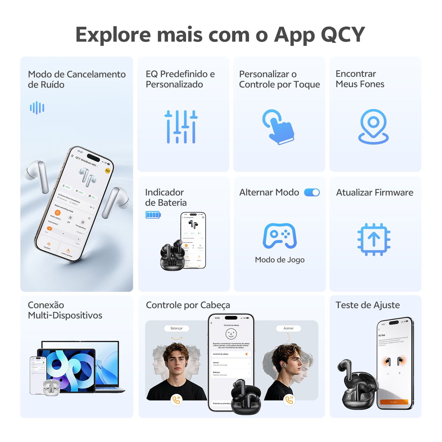 Fones QCY com app para controle avançado: cancelamento de ruído, EQ personalizado, modo jogo, conexão multi-dispositivos e aj