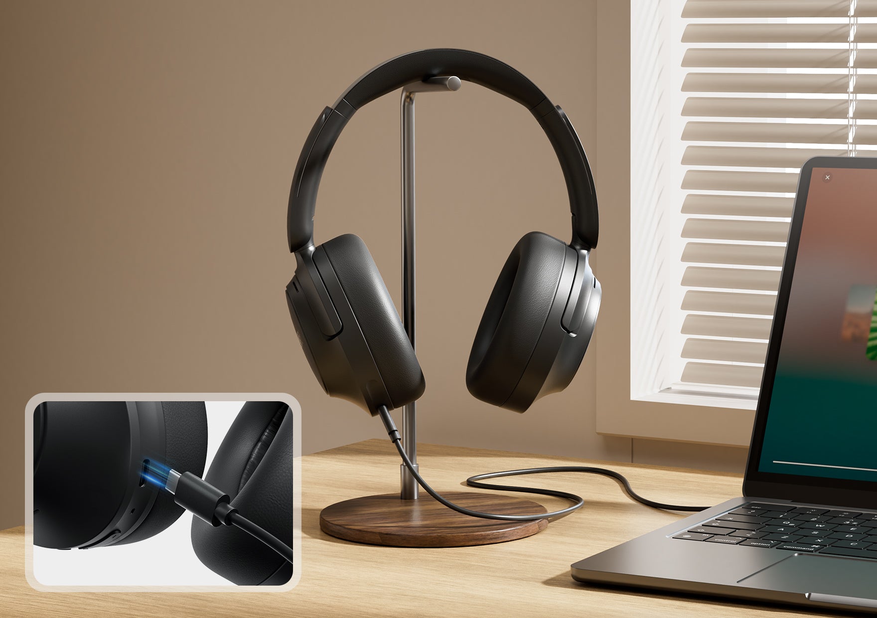 Fones de ouvido sem fio com cancelamento de ruído, design elegante e conexão por cabo. Ideal para trabalho e entretenimento e