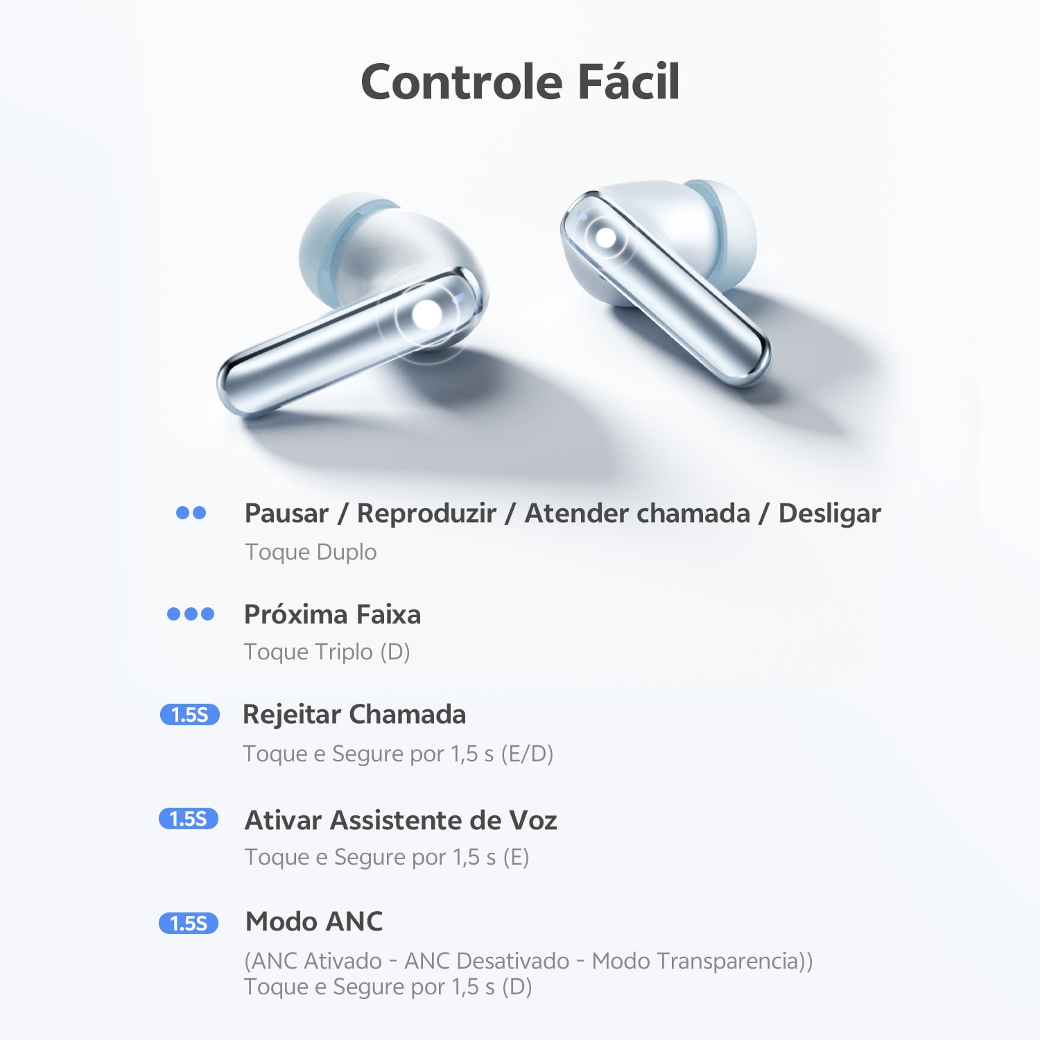 Fones de ouvido com controle fácil: toque duplo para pausar, tripla para próxima faixa e segure 1,5s para ativar ANC, assiste