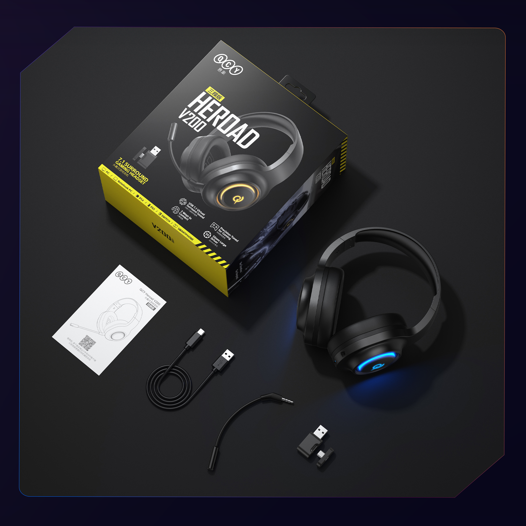 Fone de Ouvido Gamer QCY Heroad V200 com RGB, 7.1 Surround, Microfone e Compatibilidade Multiplataforma