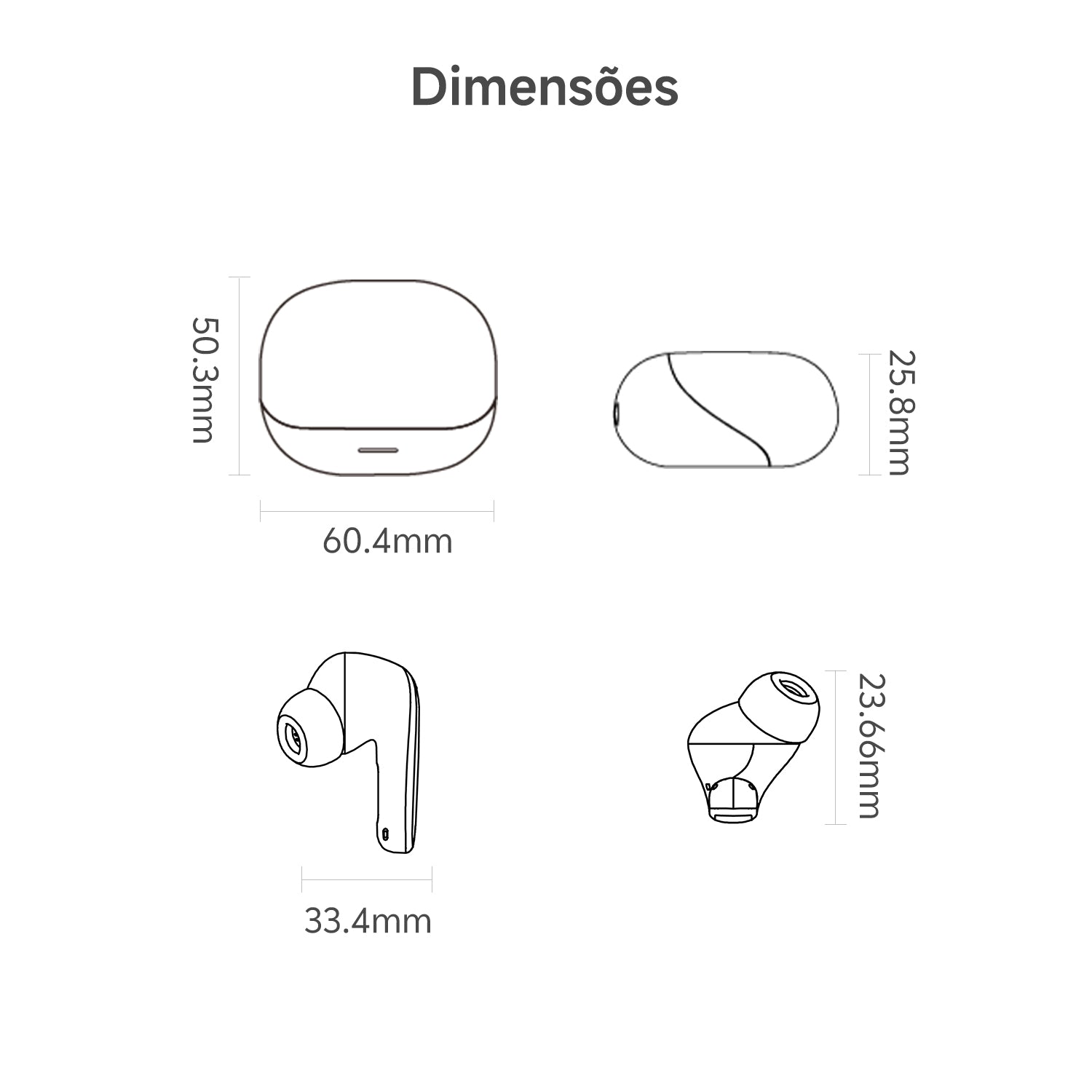 Fones de ouvido sem fio com caixa de carregamento: dimensões detalhadas em mm para melhor conforto e portabilidade.