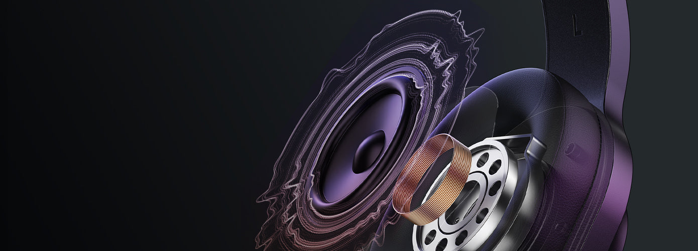 Fone de ouvido premium com driver dinâmico e bobina de cobre, destacando tecnologia de áudio avançada em design moderno e ele