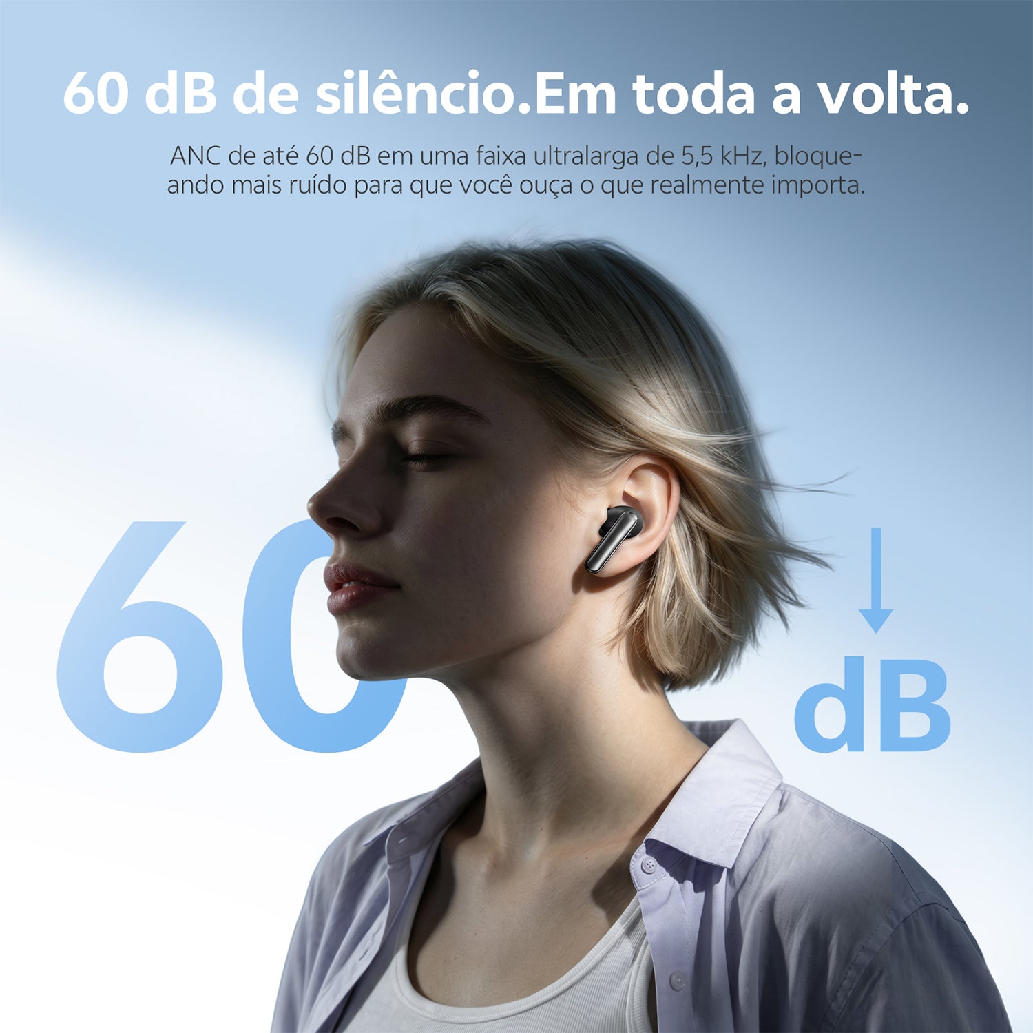 Fones com cancelamento de ruído de até 60 dB, bloqueando sons indesejados em uma faixa ultralarga de 5,5 kHz para maior confo