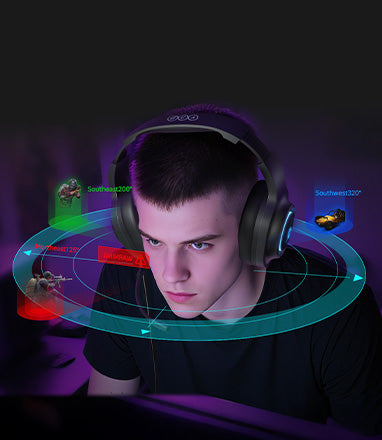 Fone de ouvido gamer com iluminação RGB e tecnologia de som espacial para jogos imersivos.