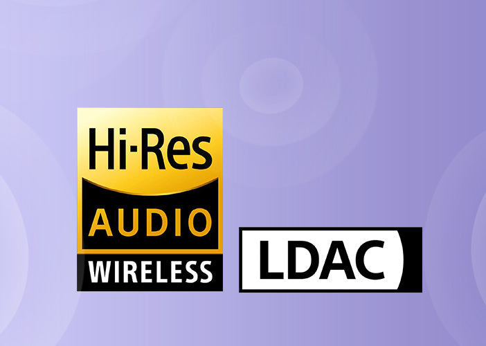 Logotipos Hi-Res Audio Wireless e LDAC para áudio de alta resolução sem fio em dispositivos eletrônicos.