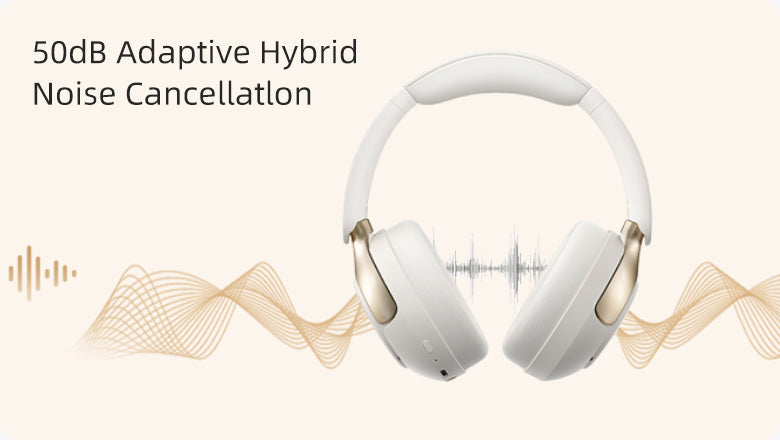Fone de ouvido branco com cancelamento de ruído híbrido adaptativo de 50dB.
