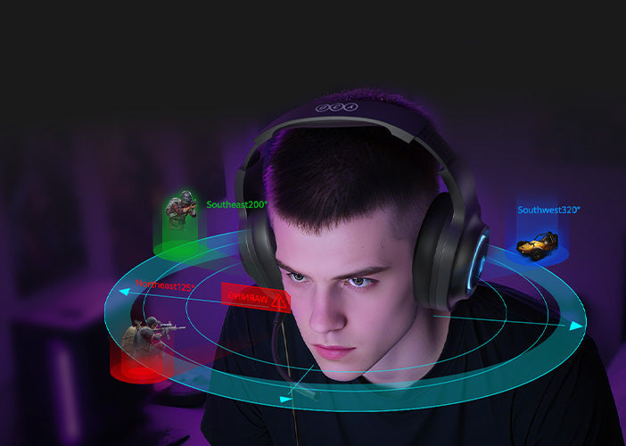 Fone de ouvido gamer com tecnologia de som espacial, ideal para jogos imersivos e experiência auditiva precisa.