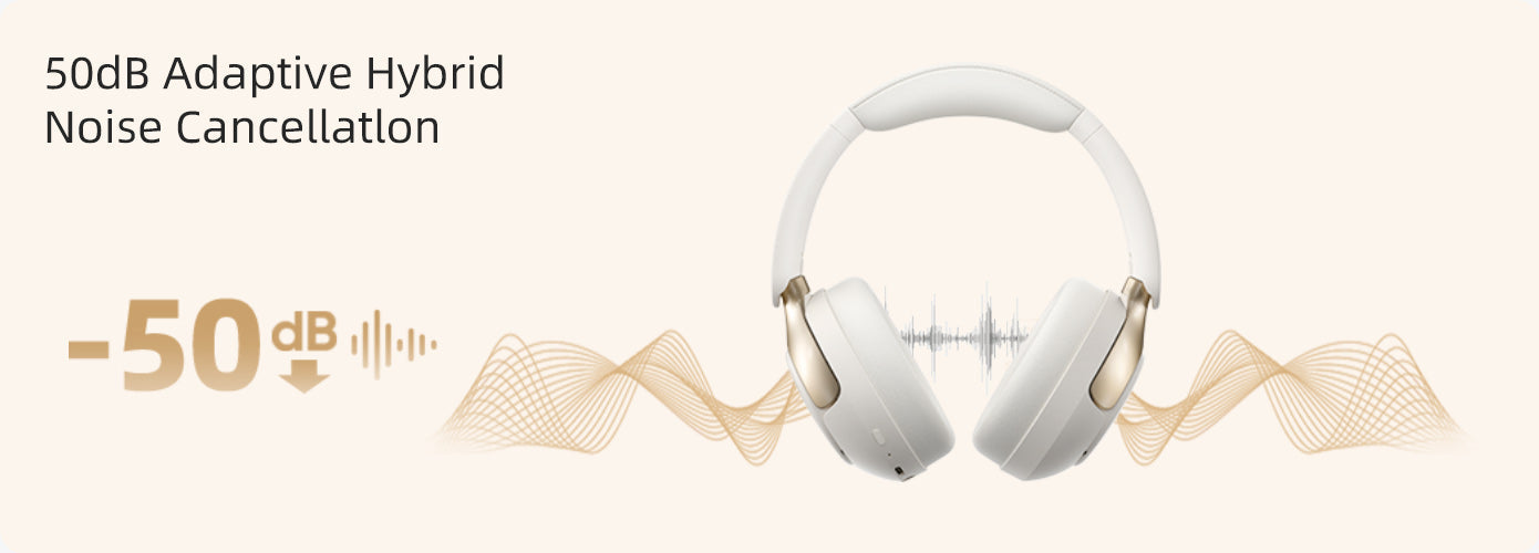 Fone de ouvido branco com cancelamento de ruído híbrido adaptativo de 50dB.