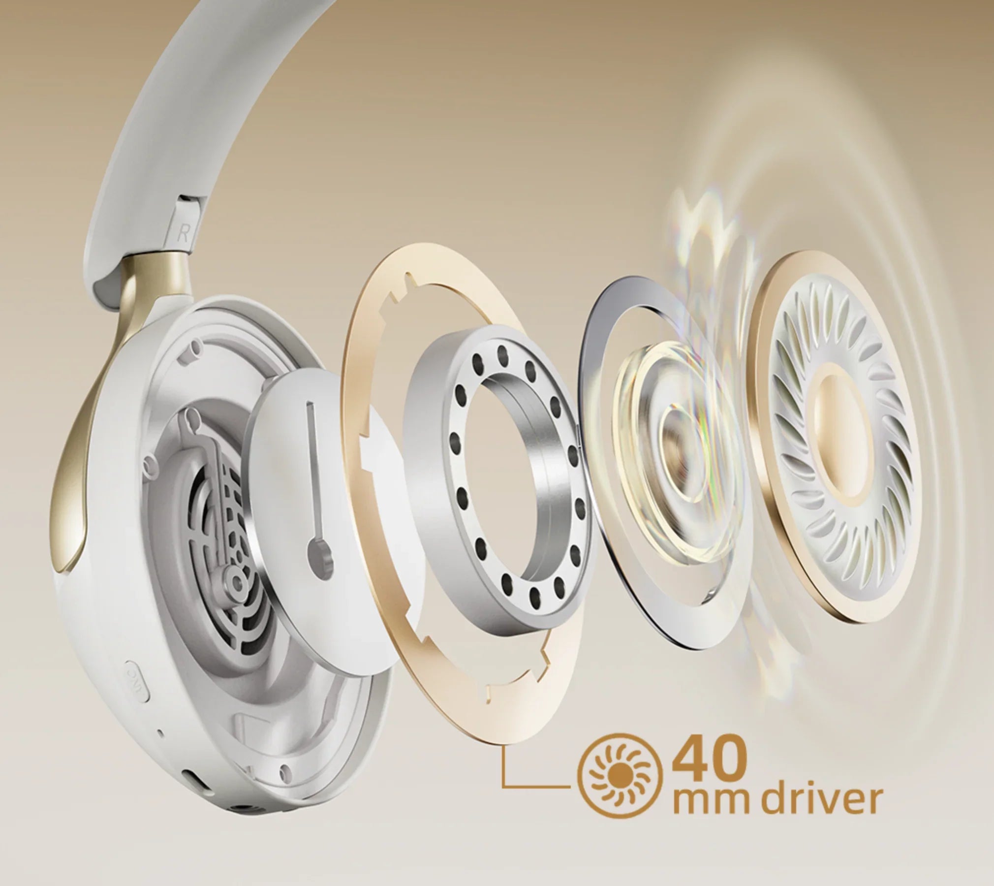Fone de ouvido sem fio com driver de 40mm, design elegante e componentes internos expostos para alta qualidade sonora.