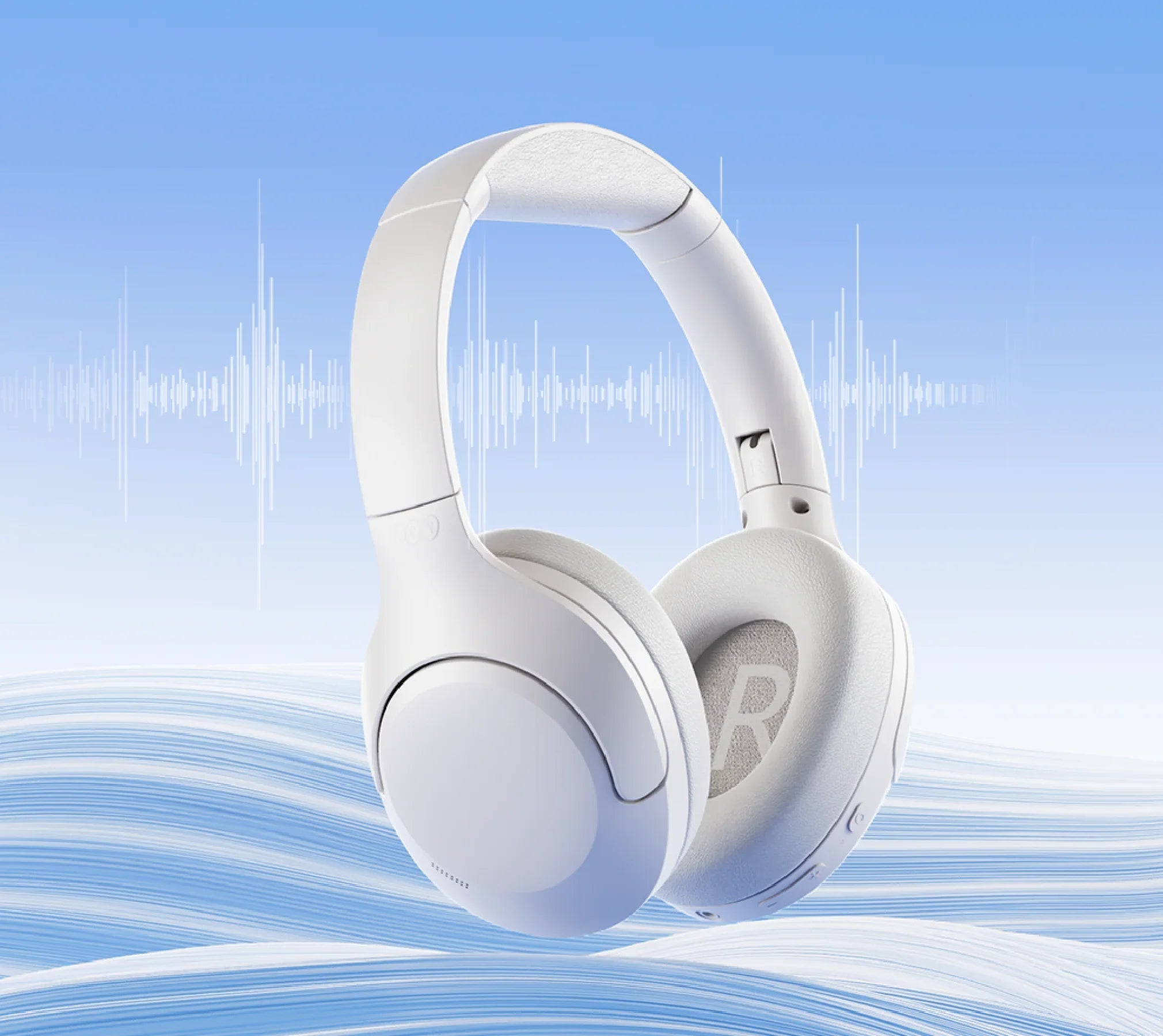 Fones de ouvido sem fio brancos com cancelamento de ruído, design moderno e som imersivo em fundo azul suave.