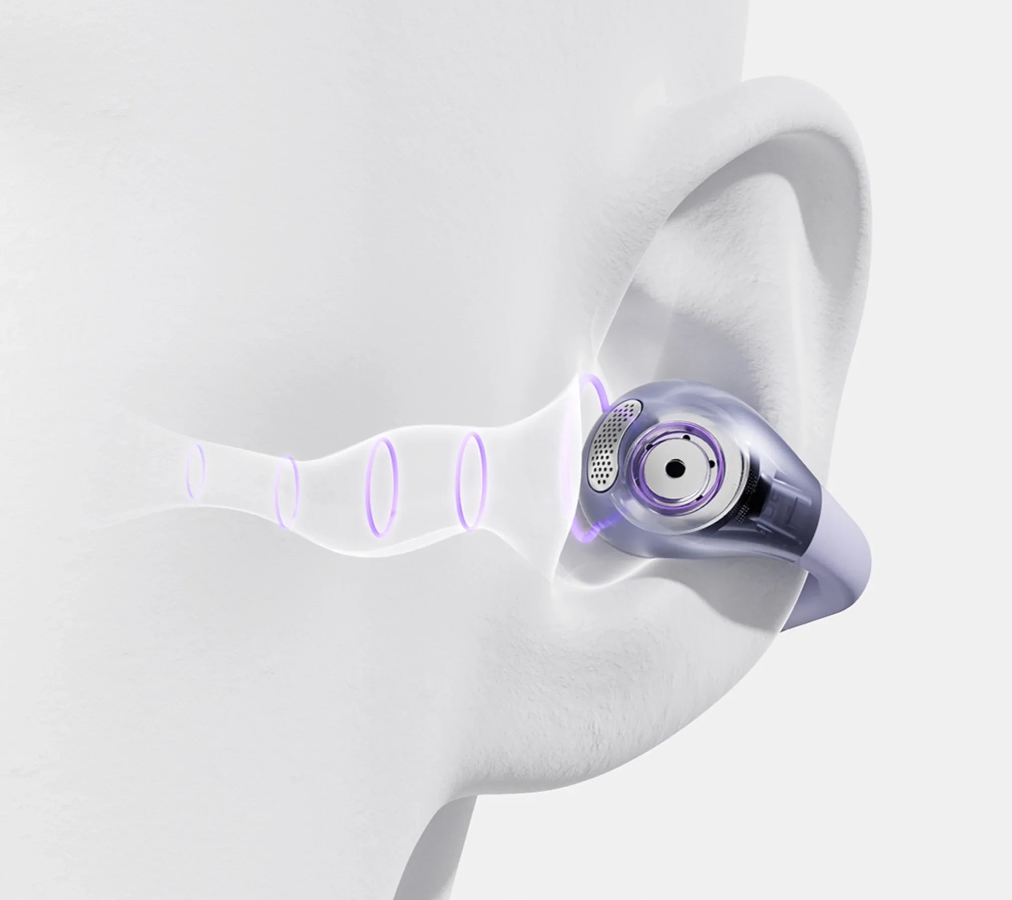 Fone de ouvido intra-auricular com cancelamento de ruído e luz roxa, design ergonômico para conforto e áudio imersivo.