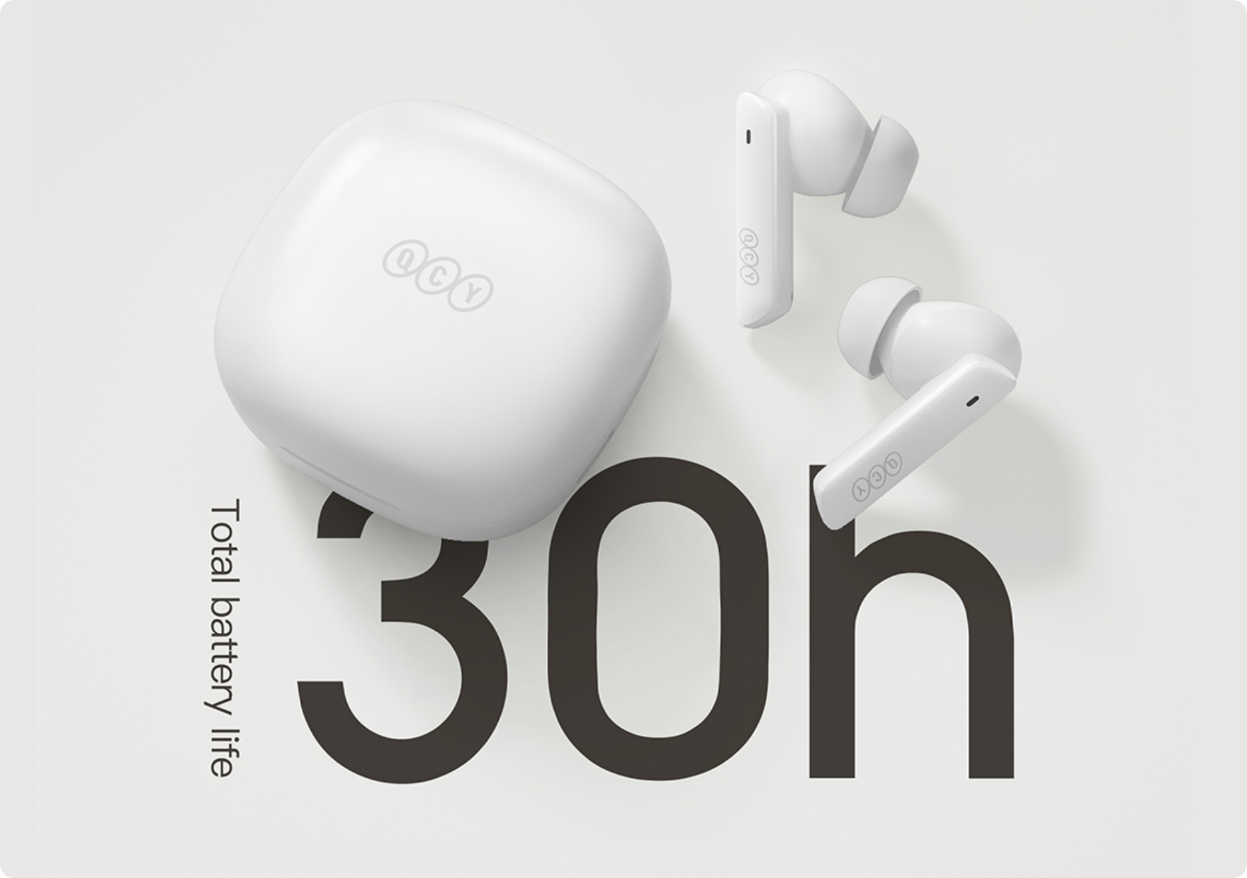 Fones de ouvido sem fio QCY brancos com case de carregamento e 30 horas de bateria total.