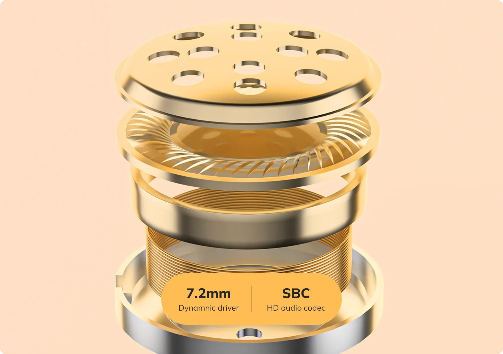 Driver dinâmico de 7.2mm com codec SBC para áudio HD em fones sem fio.
