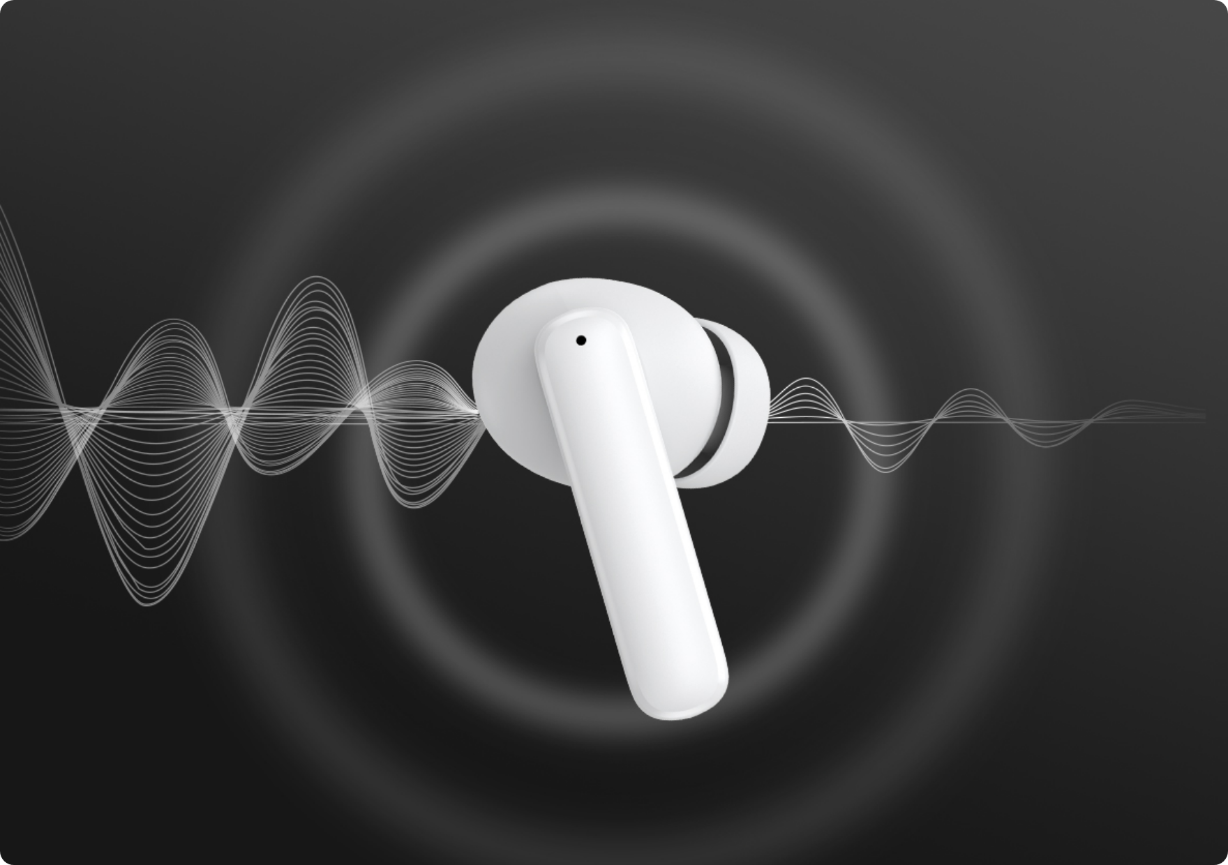 Fone de ouvido sem fio branco com design moderno e ondas sonoras, destacando qualidade de áudio em fundo escuro.