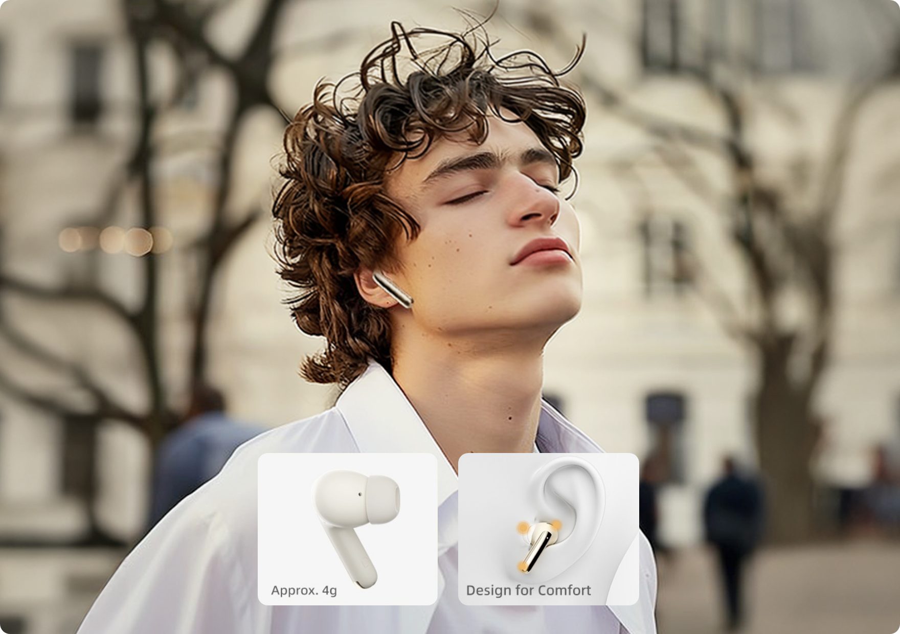 Jovem usa fones de ouvido sem fio brancos leves (4g) com design ergonômico para conforto no dia a dia.