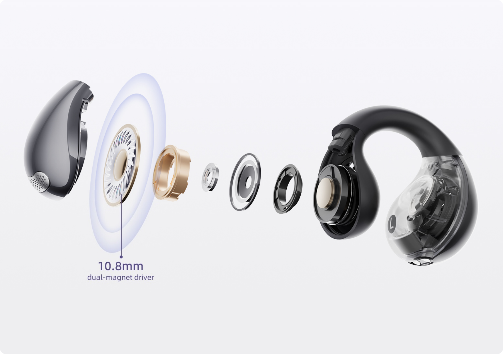 Fone de ouvido com driver duplo de 10,8 mm, design moderno e tecnologia avançada para som de alta qualidade.