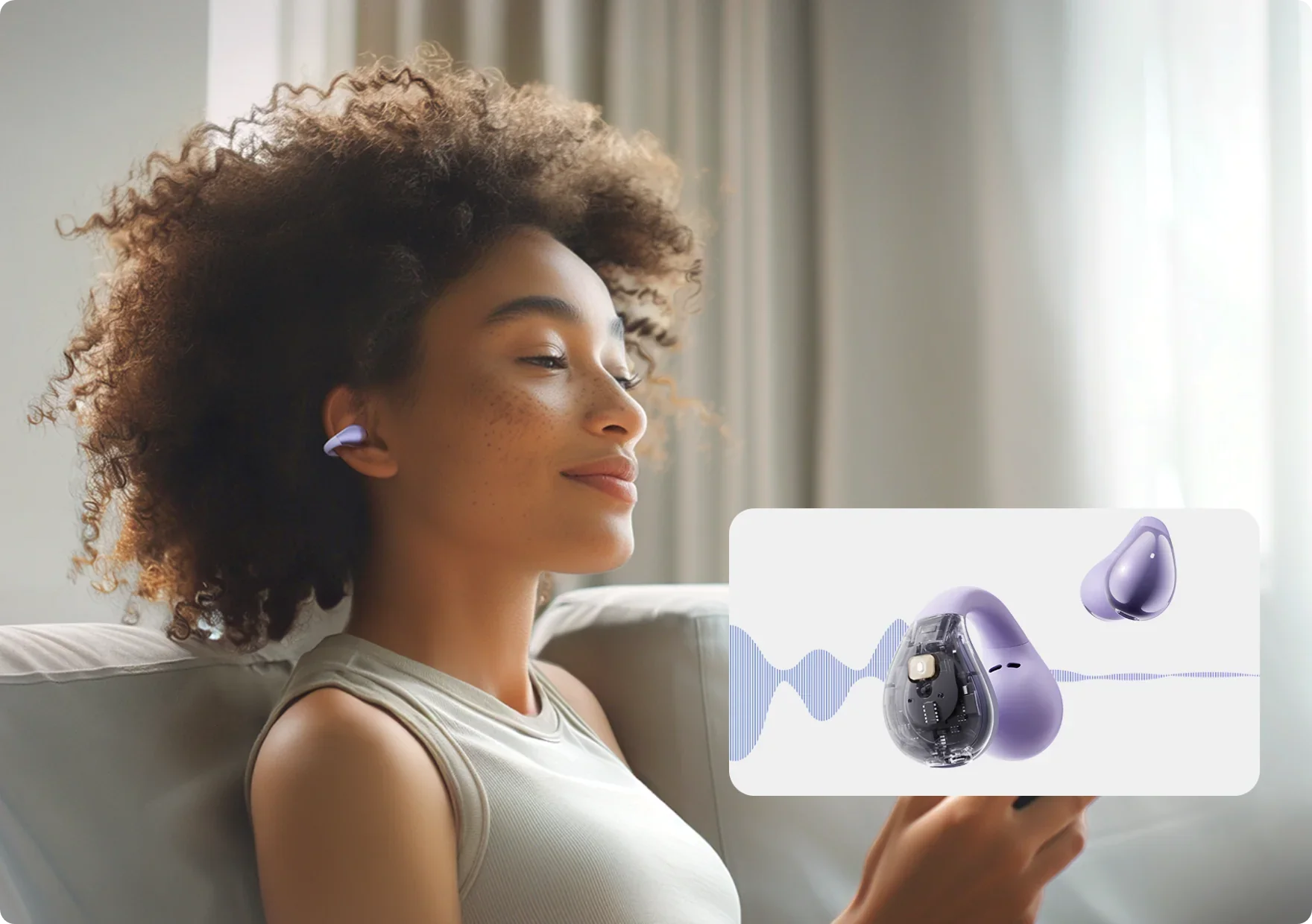 Fone de ouvido sem fio com tecnologia de som personalizado, confortável e elegante em tom roxo.