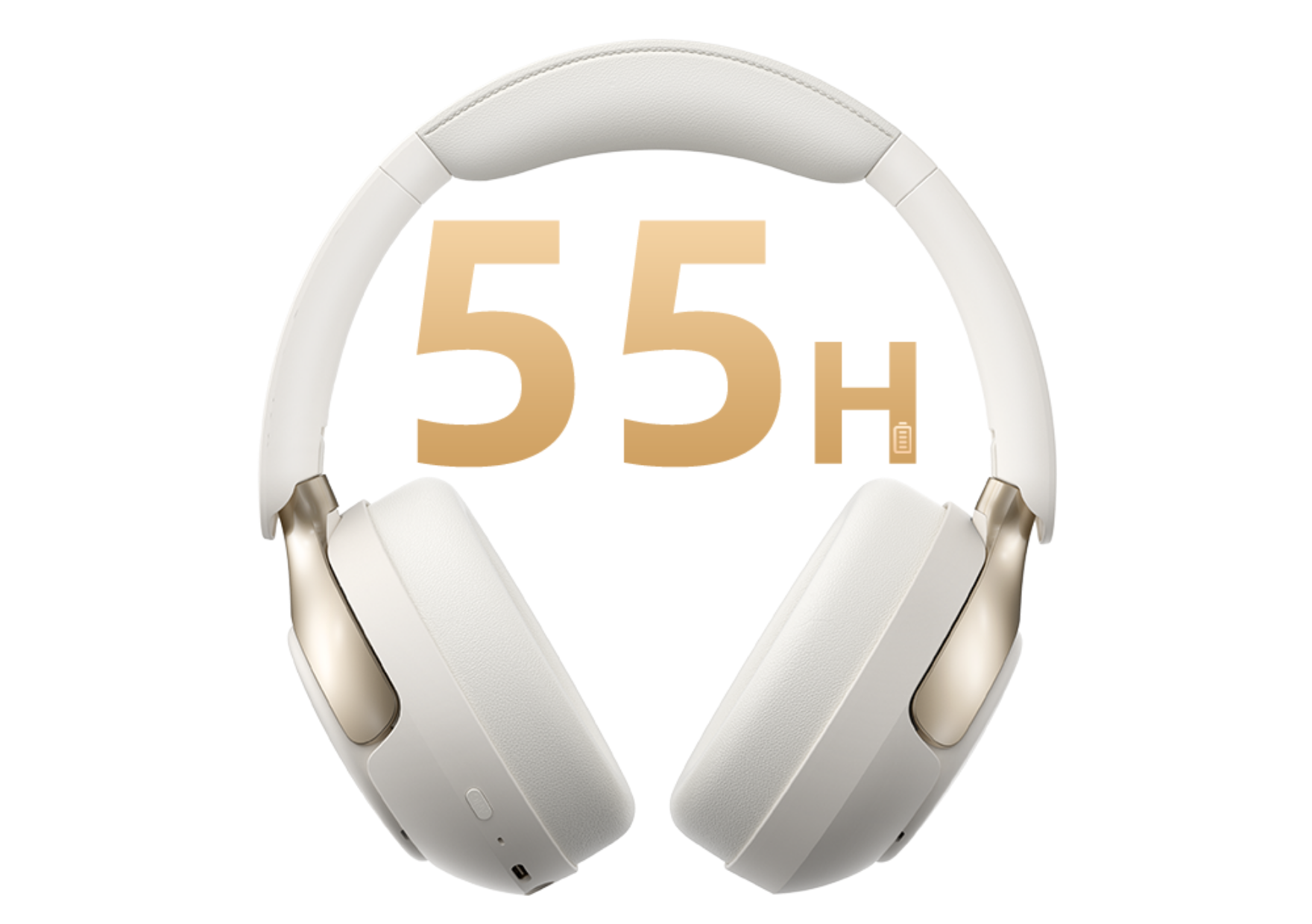 Fone de ouvido branco com 55 horas de bateria, design elegante e detalhes dourados para conforto e estilo.