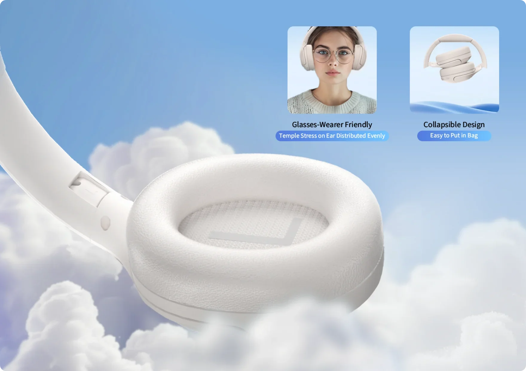 Fone de ouvido branco com design dobrável e confortável para quem usa óculos, ideal para transporte fácil.