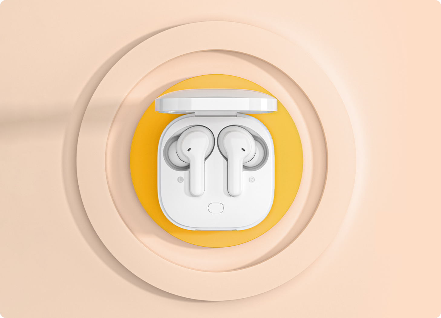 Fone de ouvido sem fio branco em estojo aberto, sobre fundo circular amarelo e bege. Design moderno e minimalista.