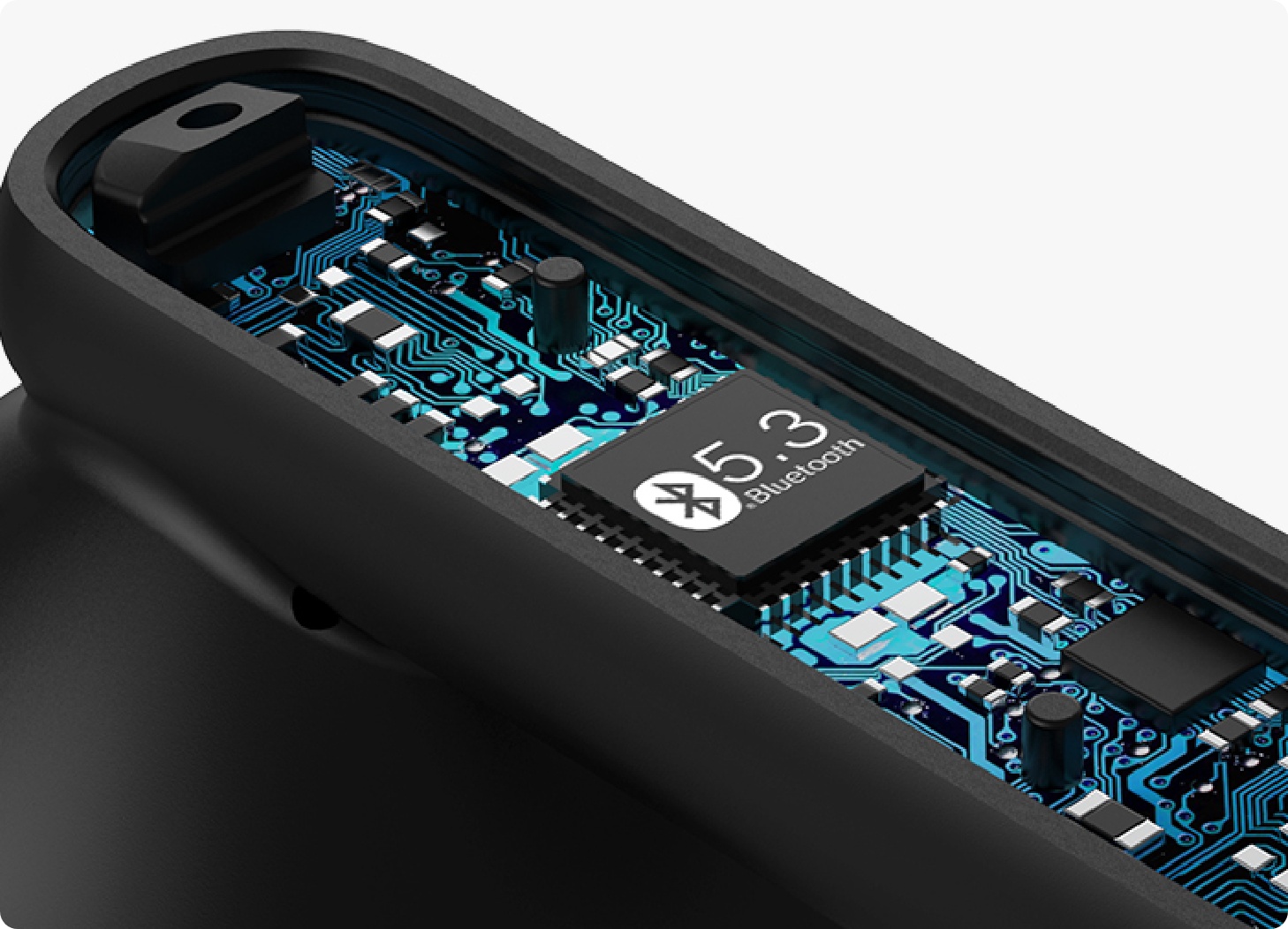 Fone Bluetooth 5.3 com chip avançado e circuito azul, design moderno e tecnologia de conexão estável para áudio sem fio.