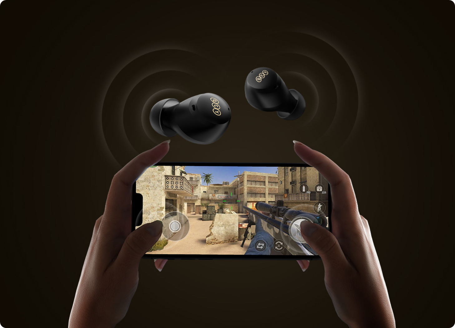 Fone de ouvido sem fio QCY HT05 com cancelamento de ruído para jogos em smartphone.