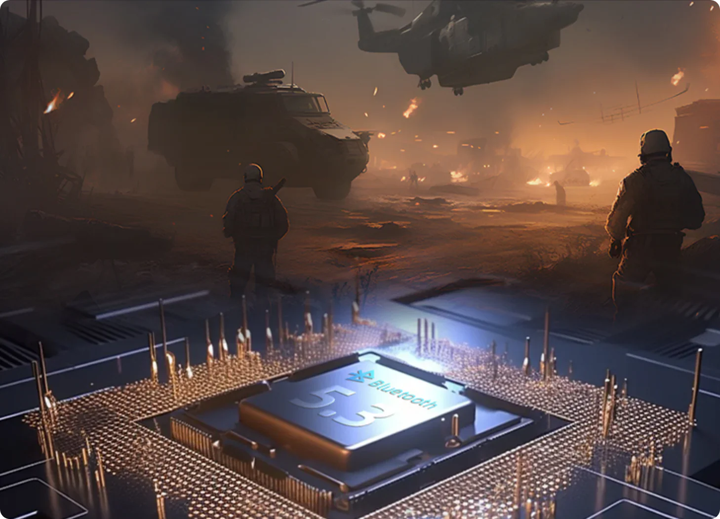 Chip Bluetooth 5.3 em destaque sobre cenário de guerra futurista com soldados e veículos militares.