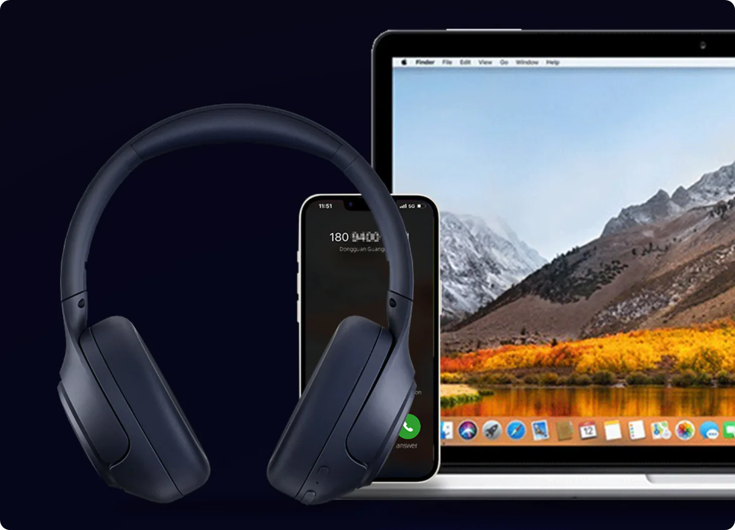 Fone de ouvido Bluetooth, smartphone e laptop exibindo ecossistema tecnológico integrado para trabalho e entretenimento.