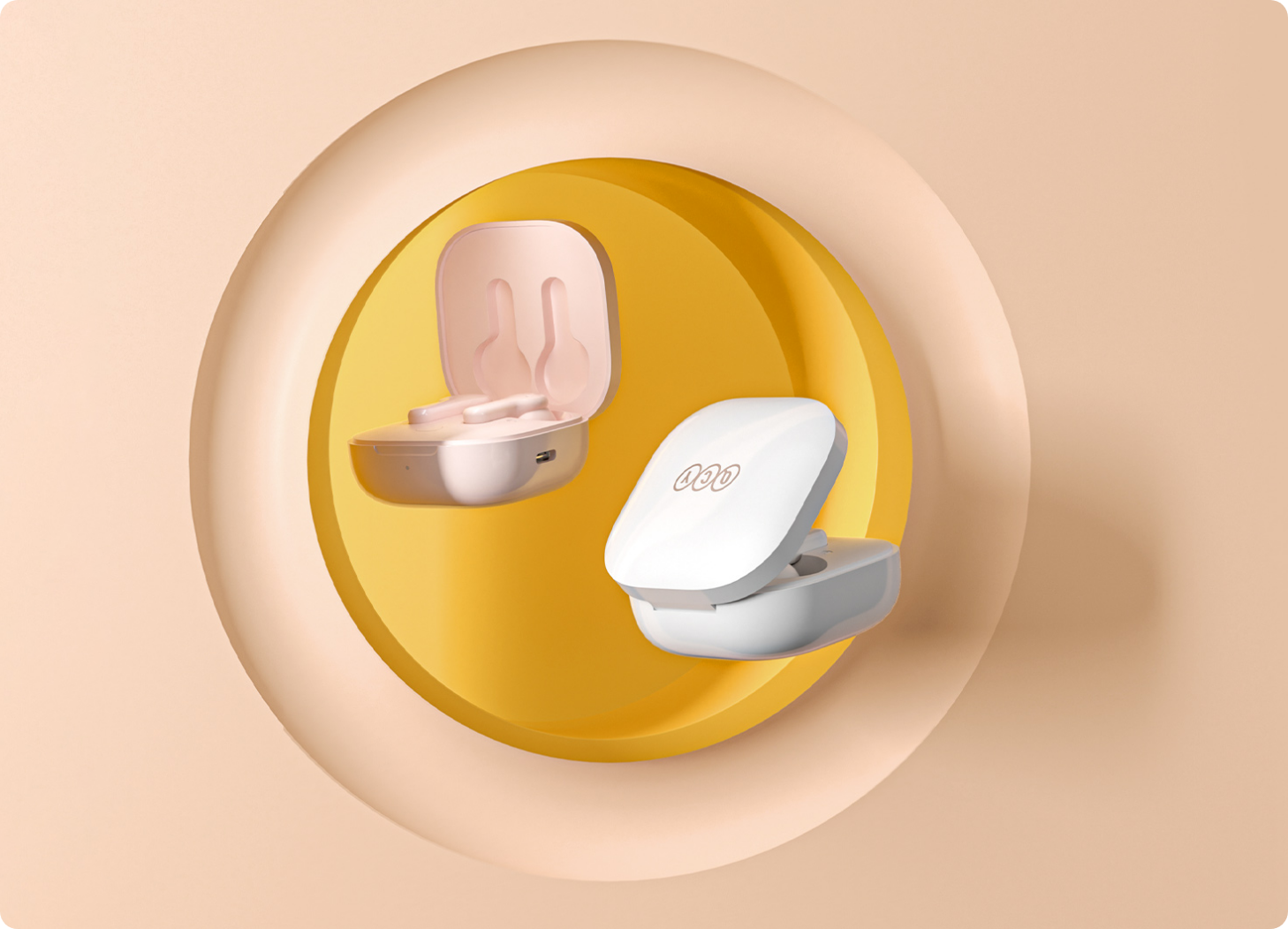 Fones de ouvido sem fio brancos e rosa em estojos abertos sobre fundo circular amarelo e bege.