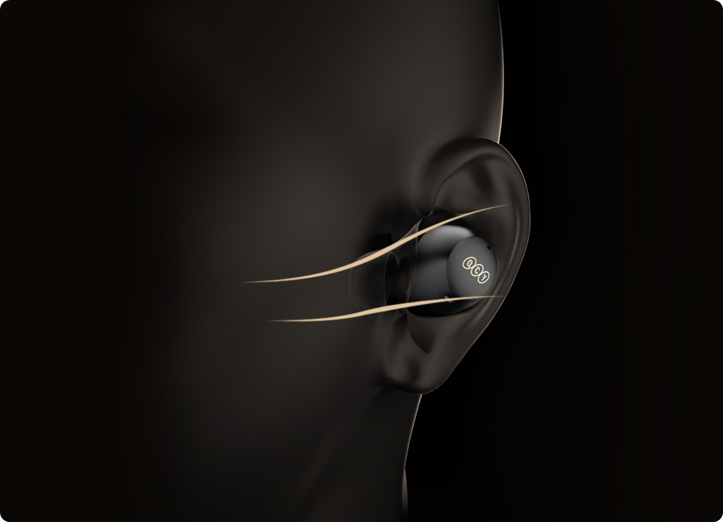 Fone de ouvido intra-auricular preto com design ergonômico e detalhes dourados, ideal para música e chamadas.