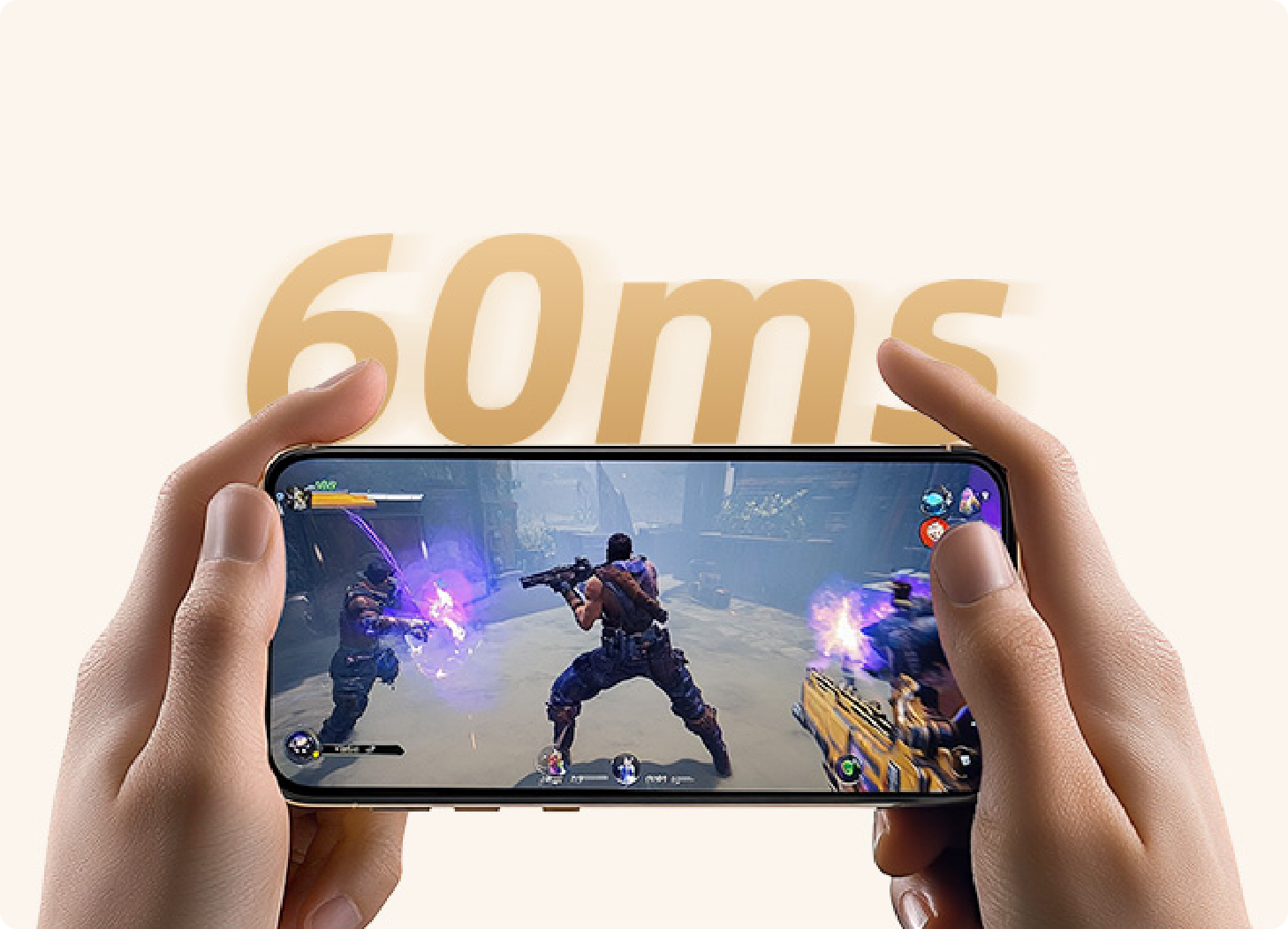 Mãos segurando smartphone com jogo de tiro em ação, destacando baixa latência de 60ms para gameplay fluido e responsivo.