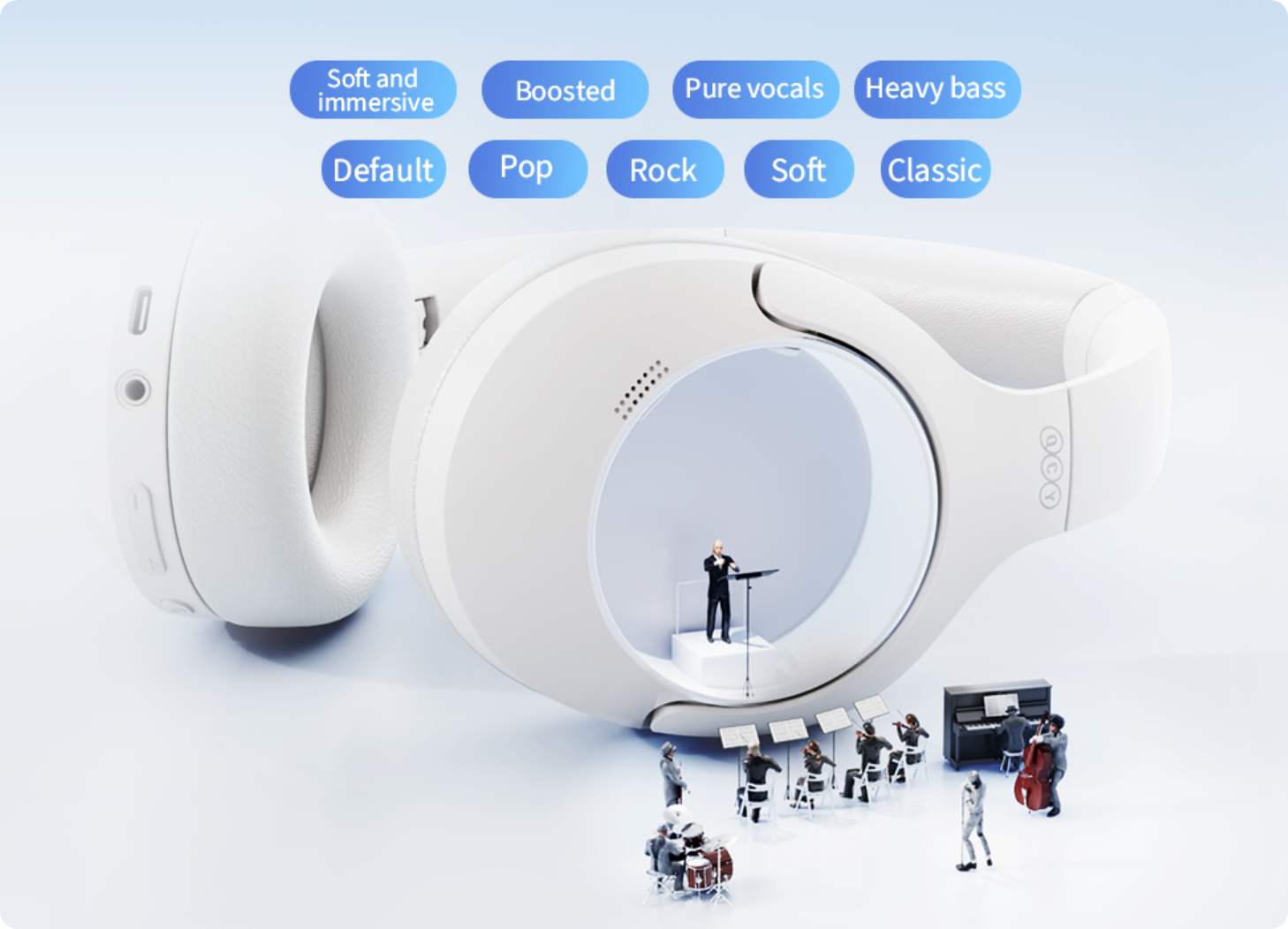 Fone de ouvido branco com equalizador e mini orquestra.
