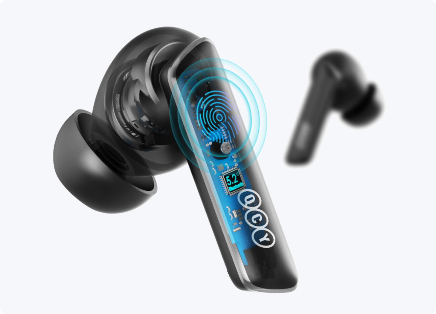 Fone de ouvido sem fio QCY com Bluetooth 5.2, design ergonômico e tecnologia de som imersivo para música e chamadas.