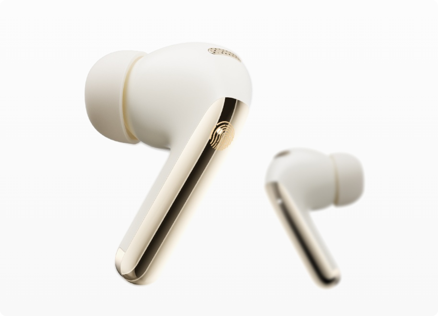 Fone de ouvido sem fio branco com detalhes dourados, design ergonômico e toque sensível para controle intuitivo.