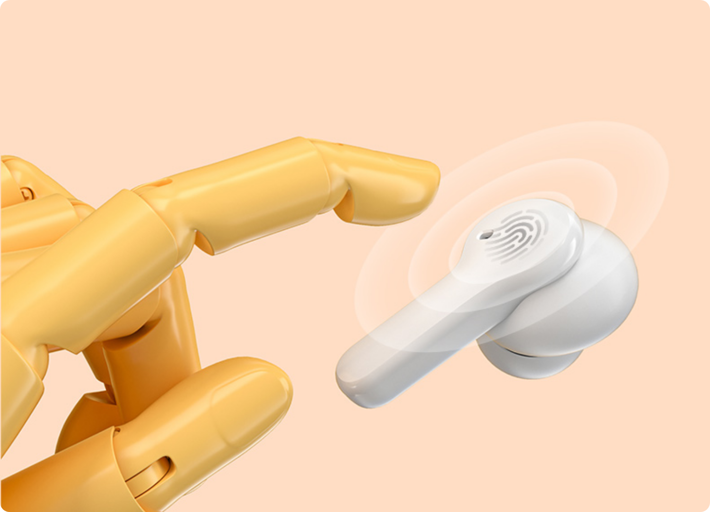 Fone de ouvido sem fio branco com controle por toque, segurado por mão robótica amarela em fundo suave.