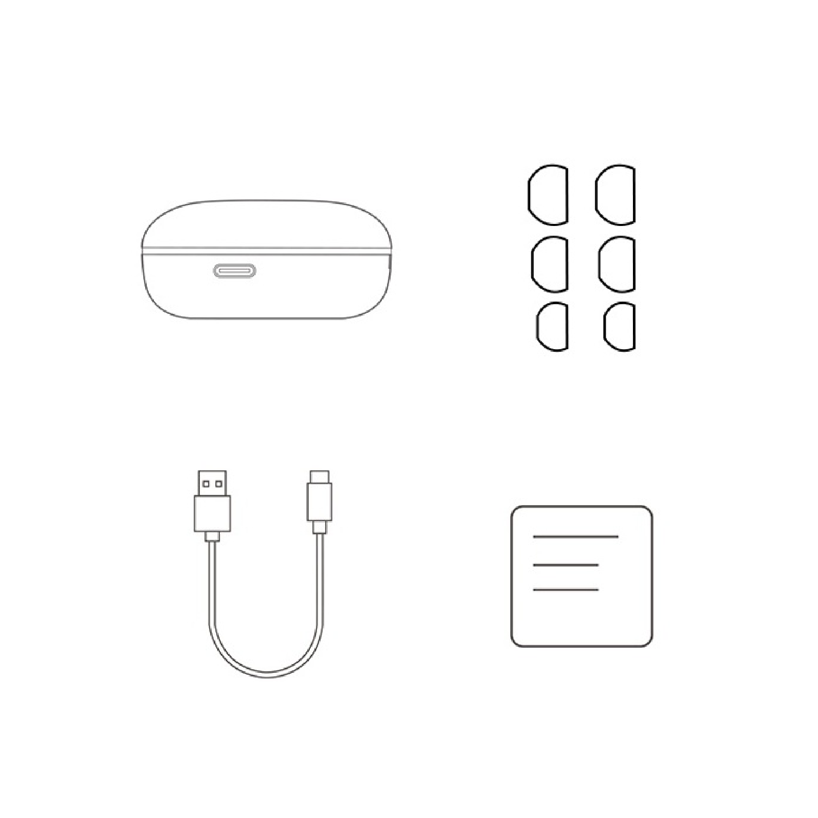 Conteúdo da caixa dos fones de ouvido sem fio Redmi Buds 6 Play: estojo de carregamento, pontas de silicone, cabo USB-C e man