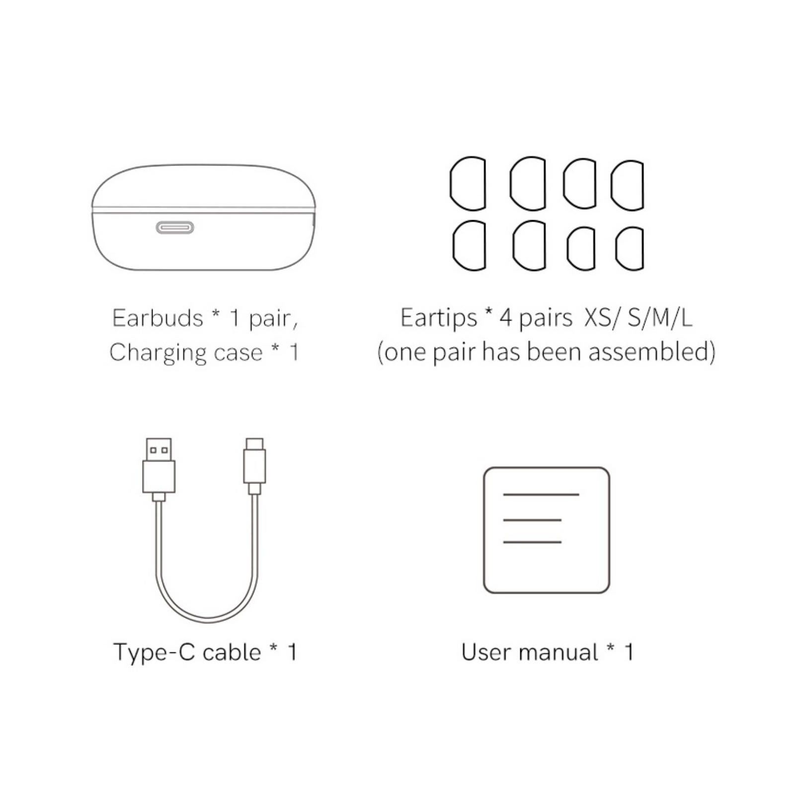 Conteúdo da caixa: fones de ouvido, estojo de carregamento, ponteiras XS/S/M/L, cabo Type-C e manual do usuário.