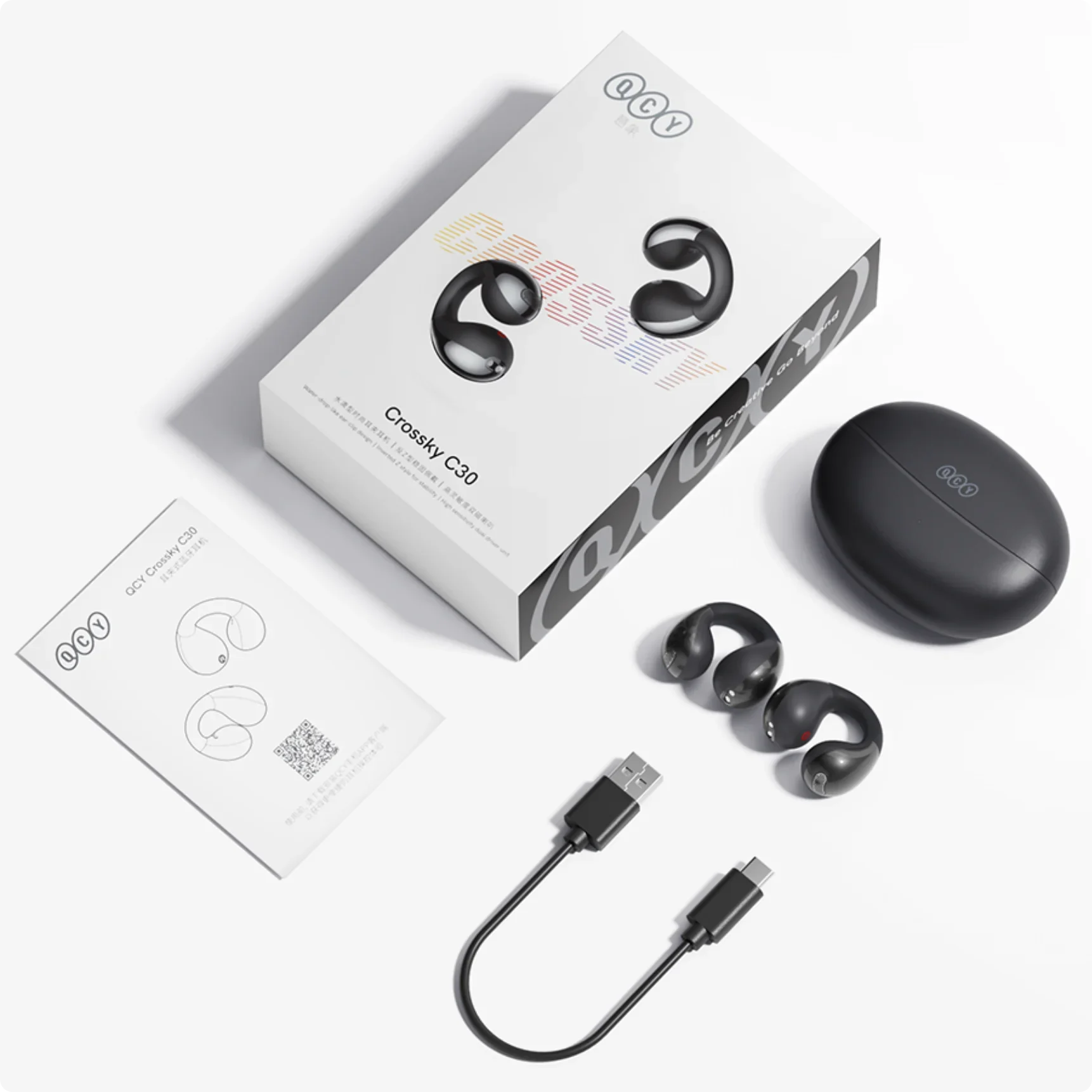 Fone de Ouvido Bluetooth QCY Crossky C30 com estojo de carregamento e cabo USB-C.