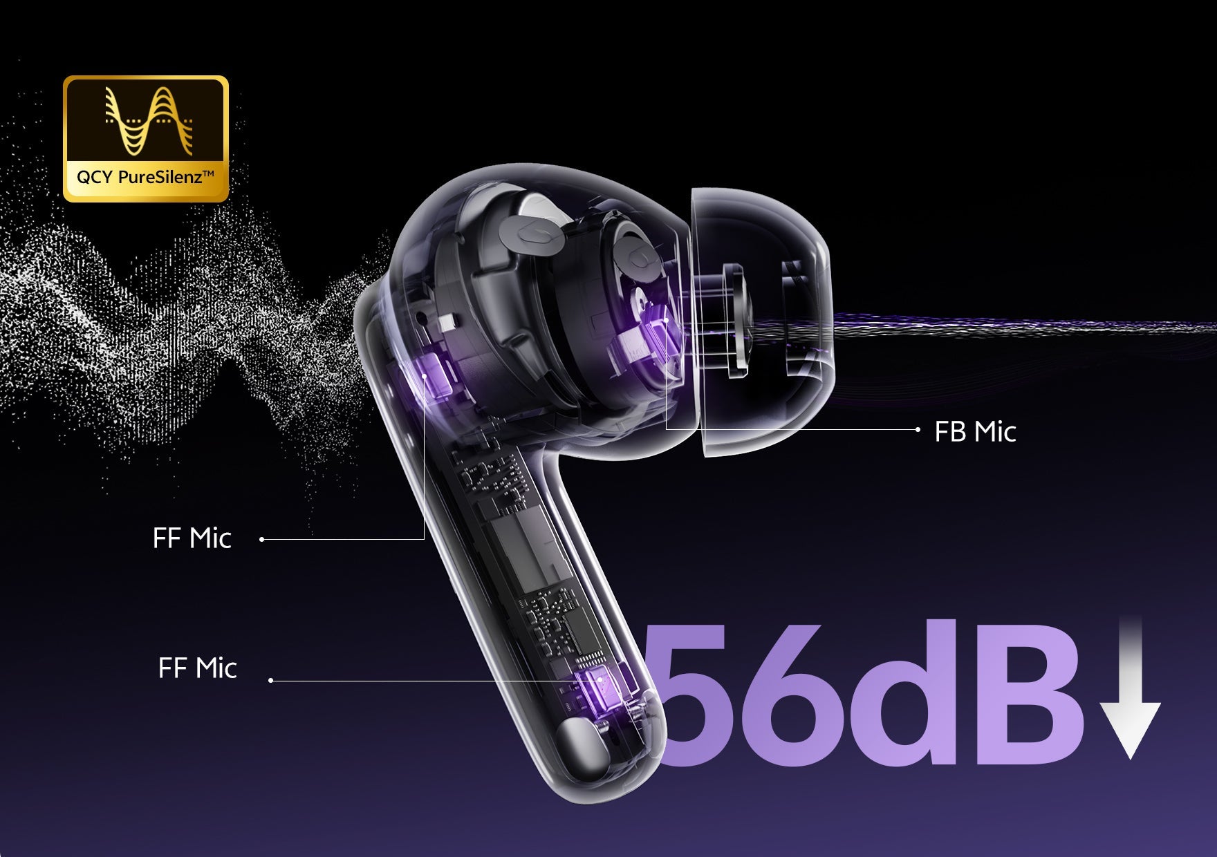 Fone intra-auricular com cancelamento de ruído ativo QCY PureSilenz™, 56dB, microfones FF e FB.