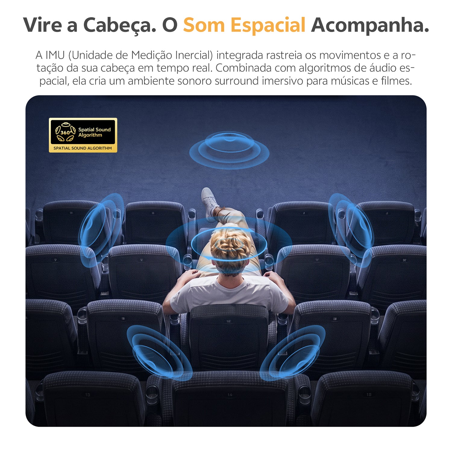 Fones com som espacial 360°: IMU rastreia movimentos da cabeça para áudio imersivo em músicas e filmes. Tecnologia de realida